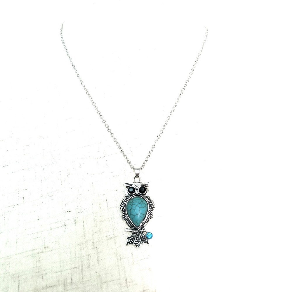 TURQUOISE OWL SILVER FASHION NECKLACE NEW - Picture 2 of 4